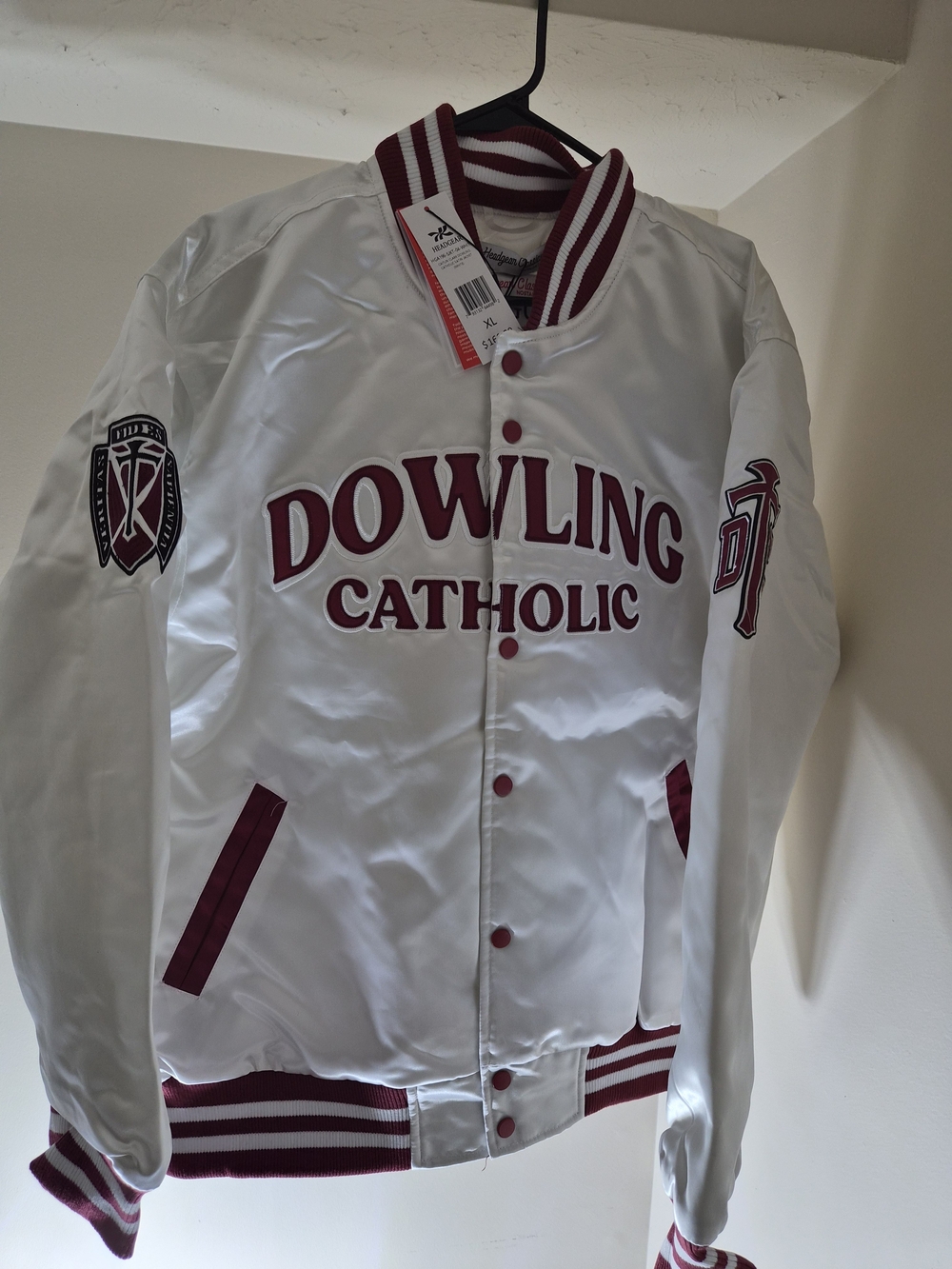 Classic White and Maroon Dowling Catholic Bomber Jacket